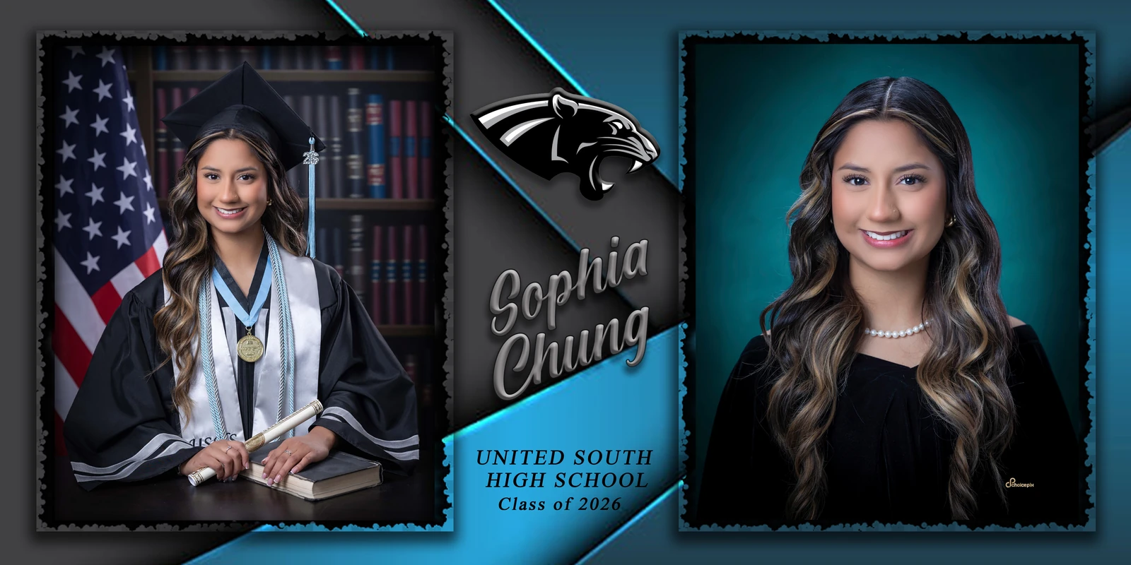 ChoicePix senior collage example pairing a formal portrait with a cap-and-gown photograph